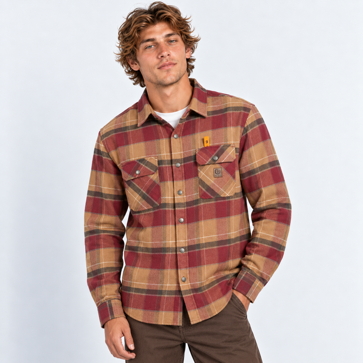 Camisa Brixton Builders Bowery Woodsmoke Cordovan Red Washed Black
