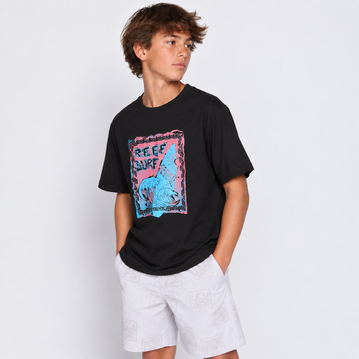 Polera Reef Kids Black Print Front