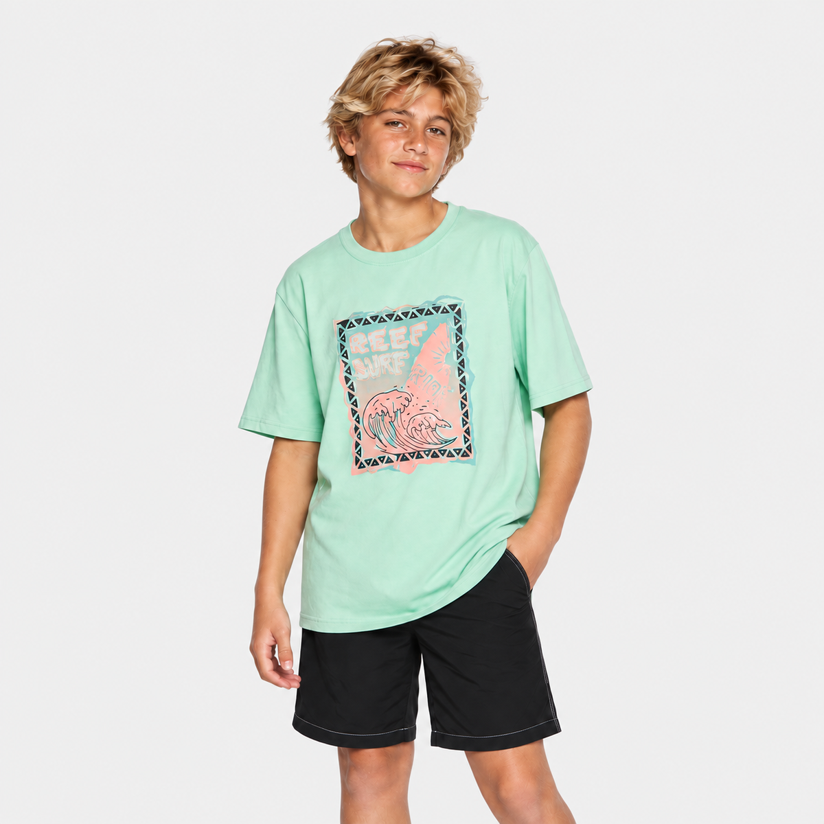 Polera Reef Kids Light Green Print Front