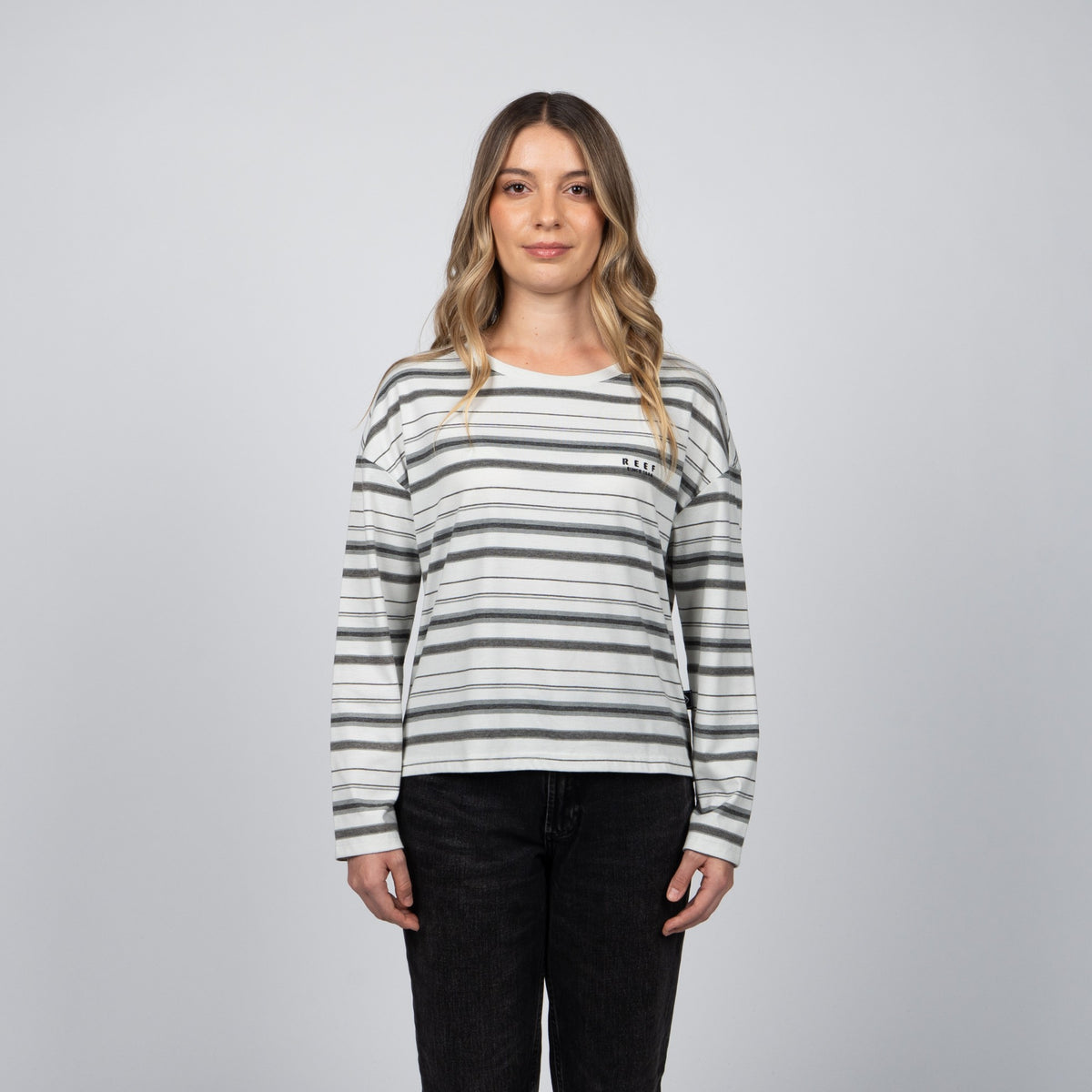 Polera Reef Manga Larga Women Stripe Grey Black