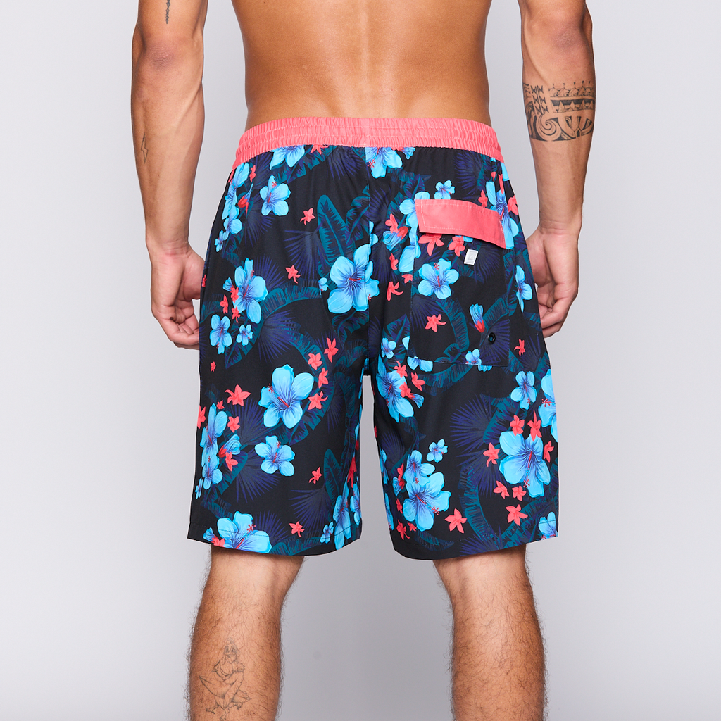 Traje de Baño Reef Men Black Red Flowers