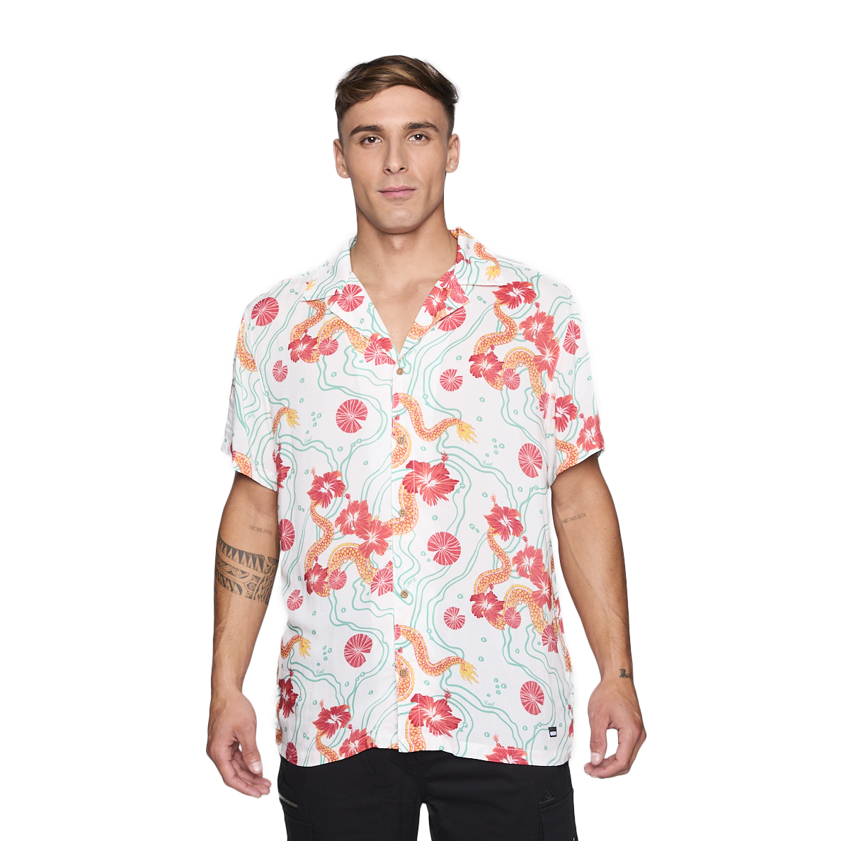 Camisa Reef Men Blanca Dragones Rojos y Flores