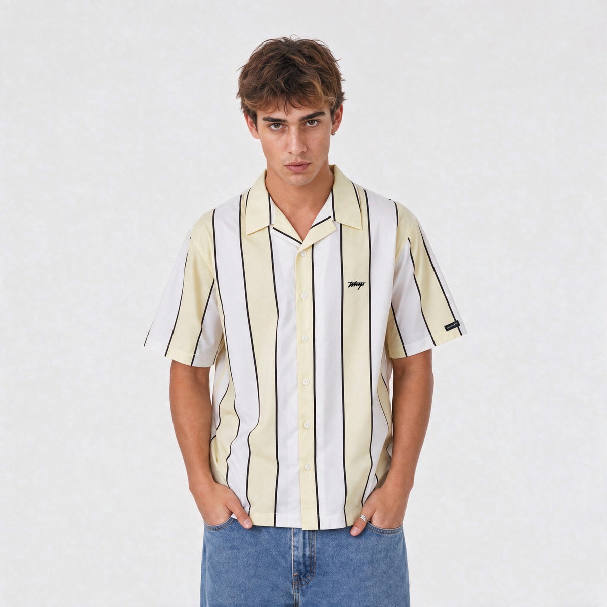 Camisa WhatUp Stripes Oversize Box Beige Blanco