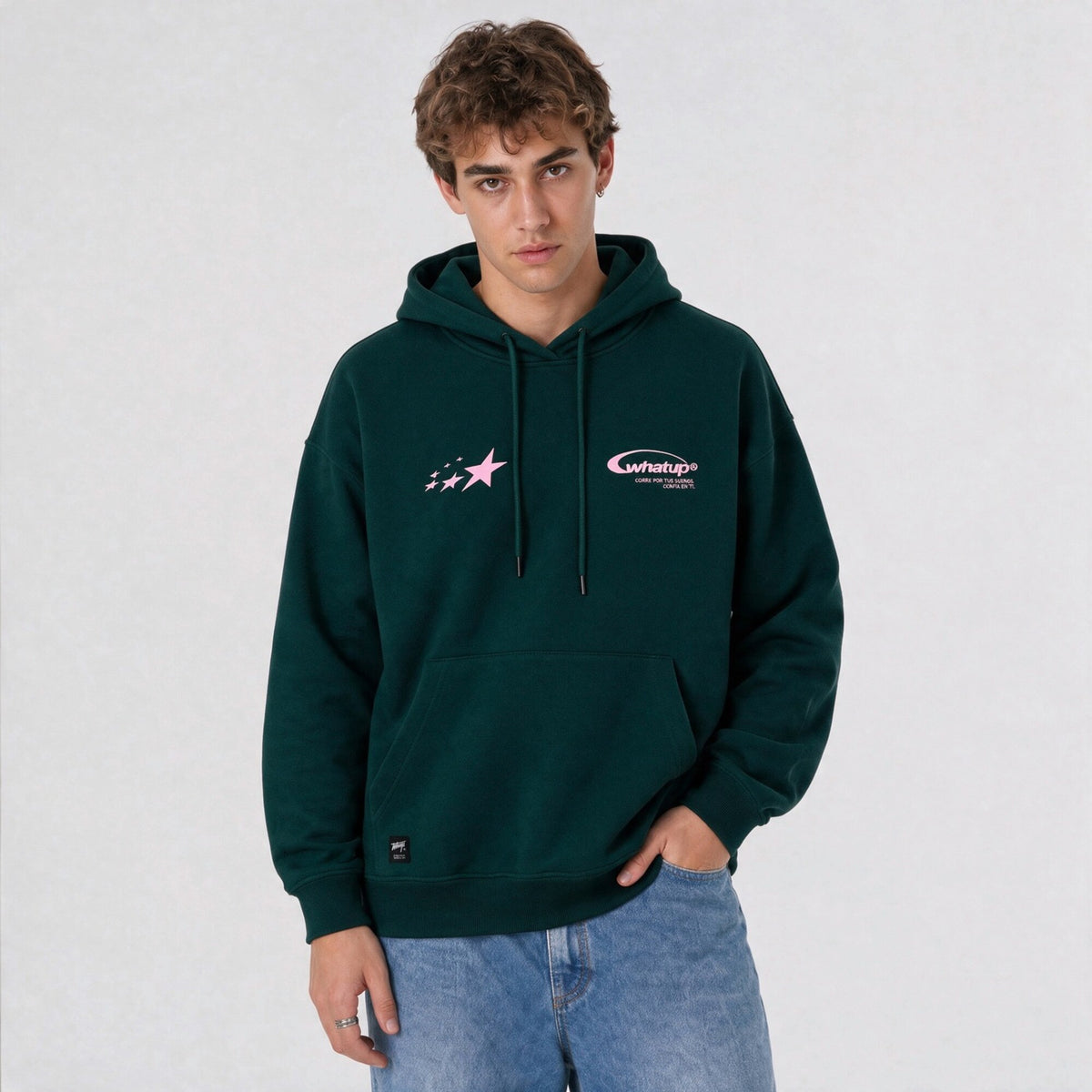 Polerón WhatUp Hoodie True Society Oversize Box Verde Rosado