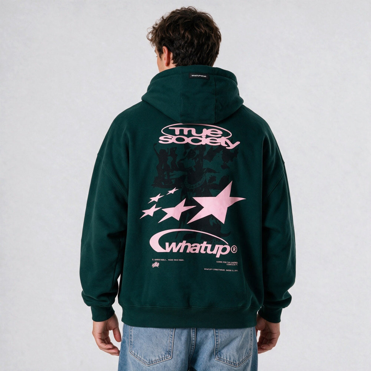 Polerón WhatUp Hoodie True Society Oversize Box Verde Rosado
