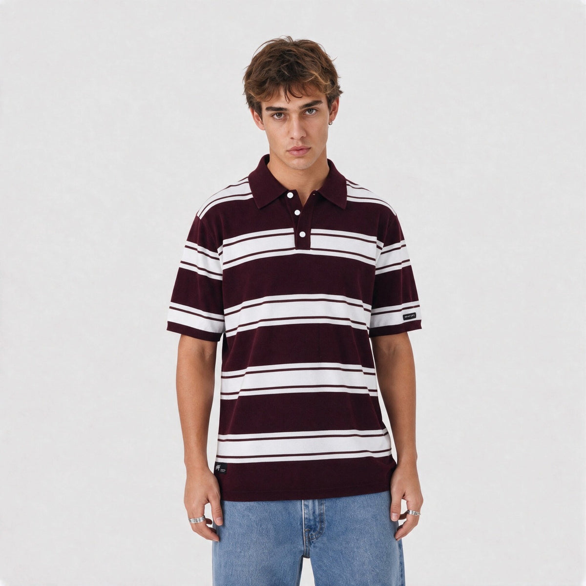 Polera WhatUp Polo Stripes Botones Regular Burdeo y Crema