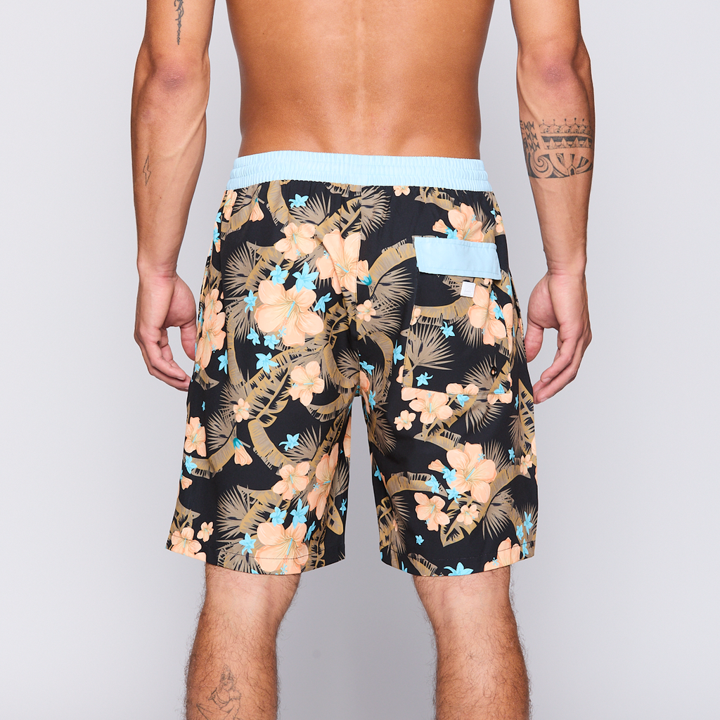 Traje de Baño Reef Men Black Blue Flowers