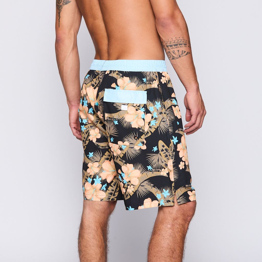 Traje de Baño Reef Men Black Blue Flowers