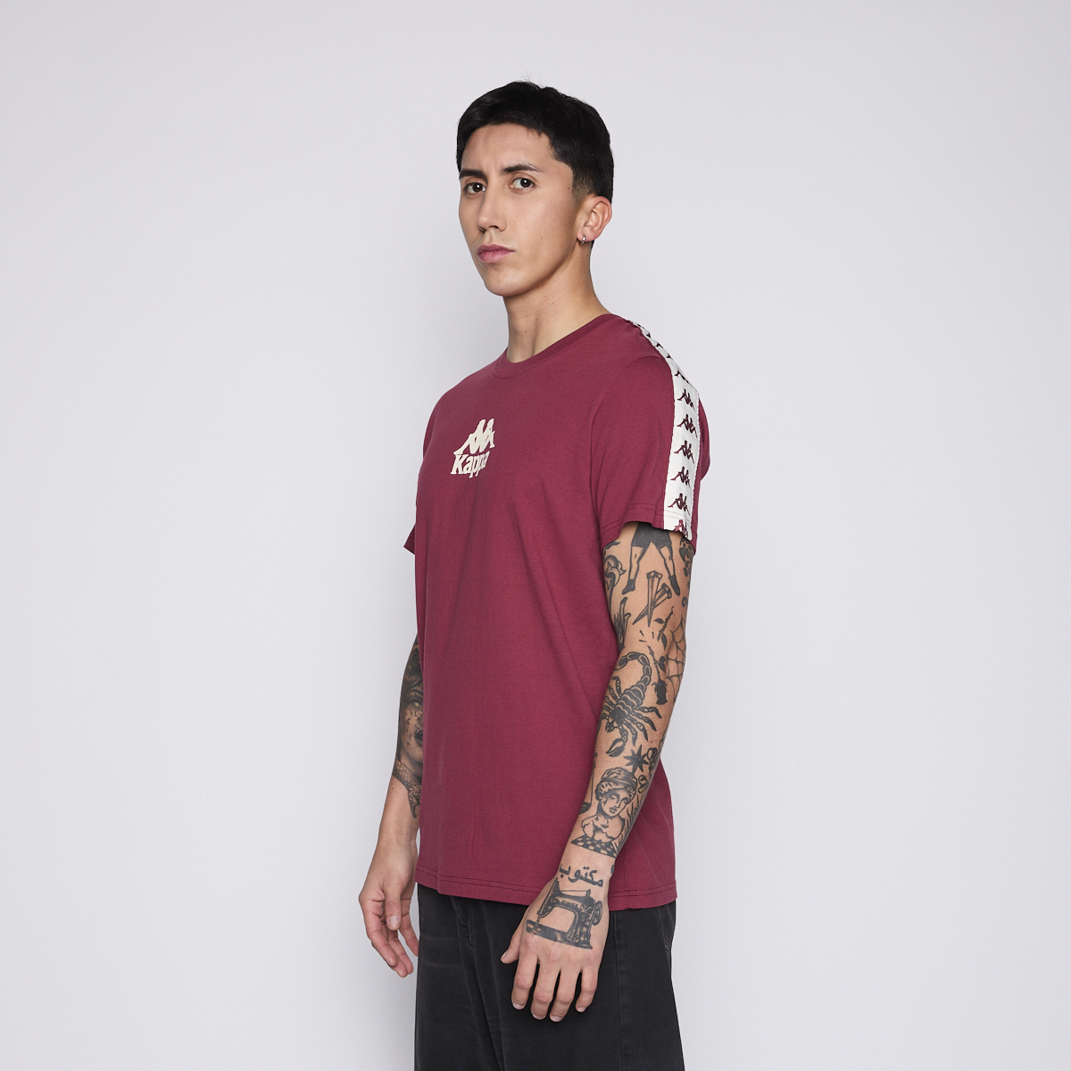 Polera Kappa Men Banda Burgundy Logo Front White