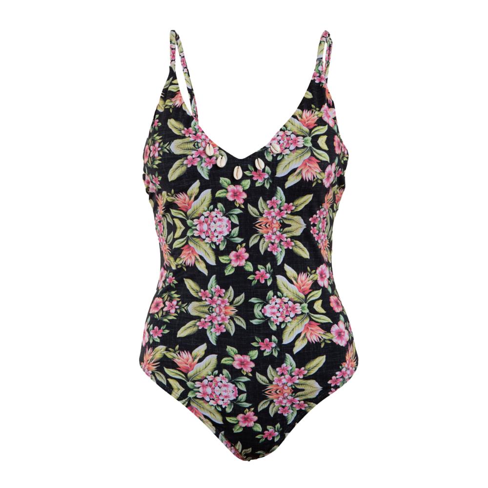 Traje de Baño Strap Ajustable Negro Floreado