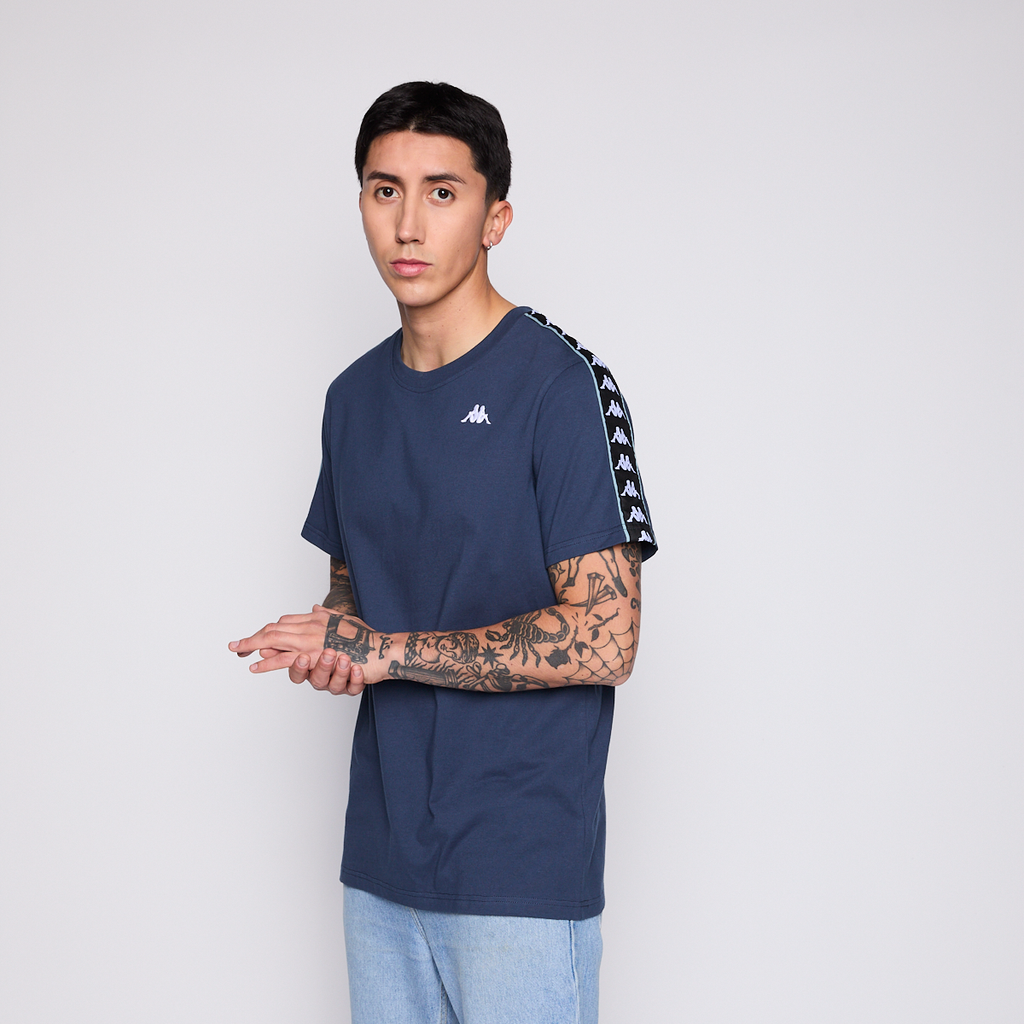 Polera Kappa Men Banda Petrol Blue Logo White Black