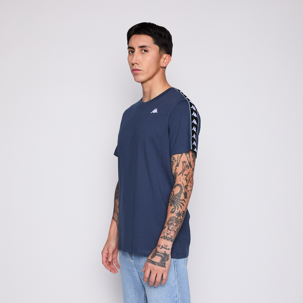 Polera Kappa Men Banda Petrol Blue Logo White Black