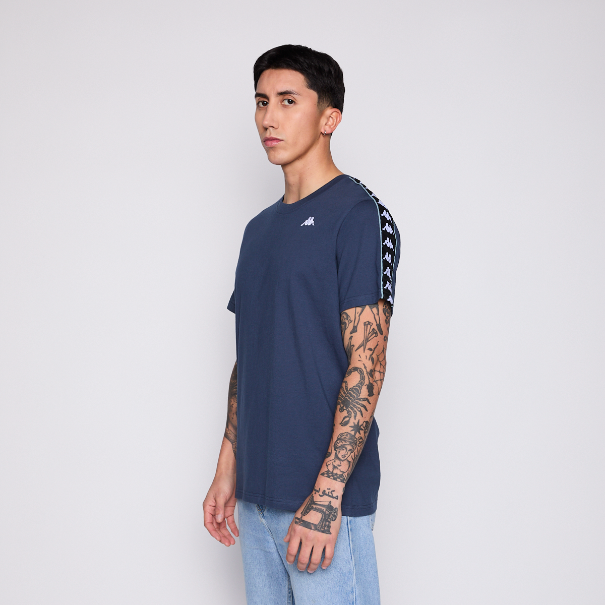 Polera Kappa Men Banda Petrol Blue Logo White Black