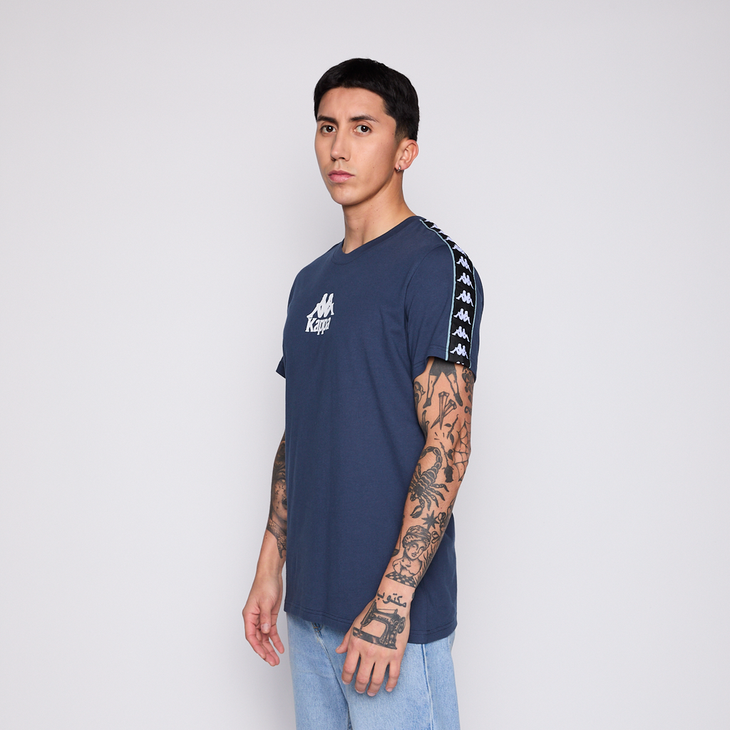 Polera Kappa Men Banda Petrol Blue Logo Front White
