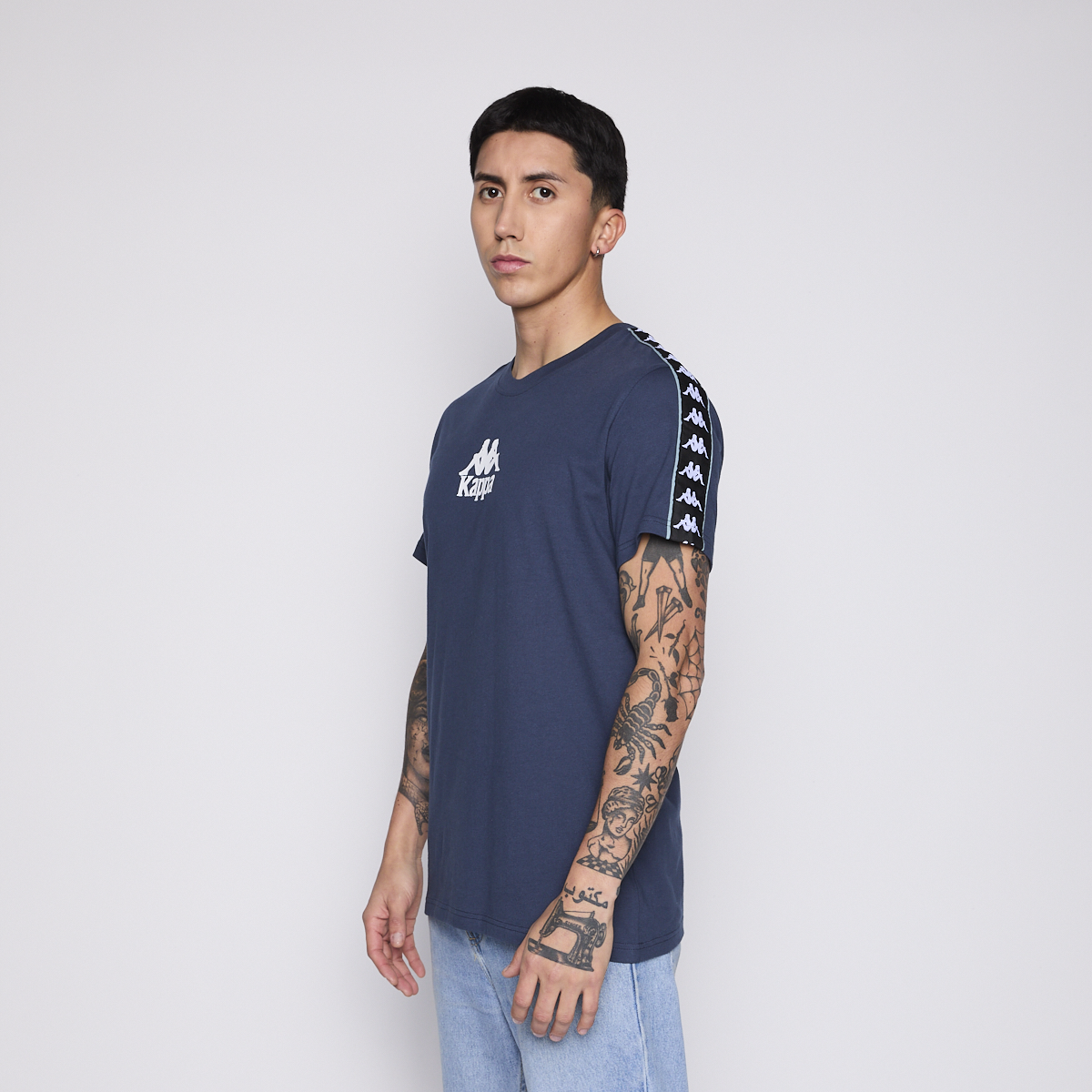 Polera Kappa Men Banda Petrol Blue Logo Front White