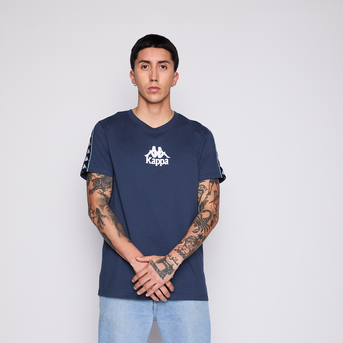 Polera Kappa Men Banda Petrol Blue Logo Front White