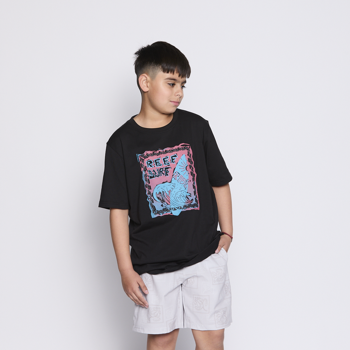 Polera Reef Kids Black Print Front
